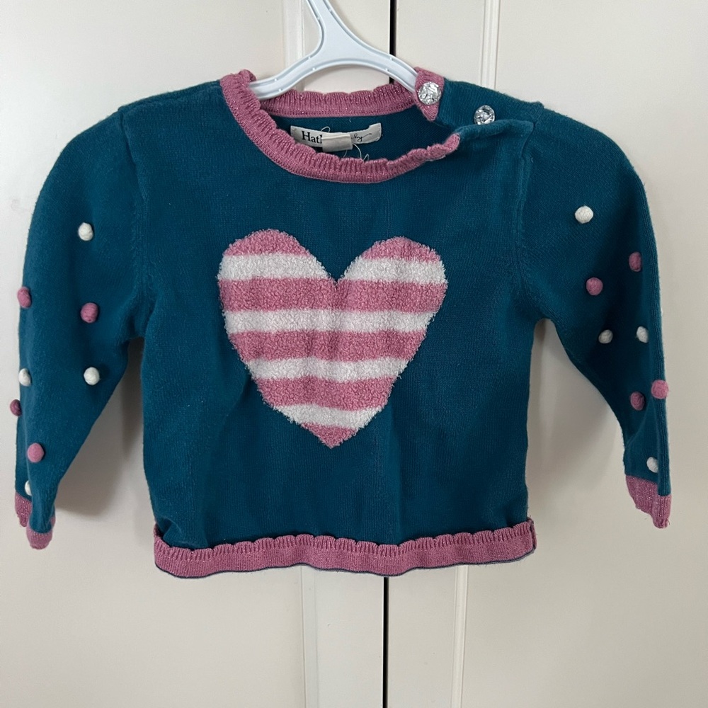 Hatley Teal Sweater with Pink Striped Heart 12-18m